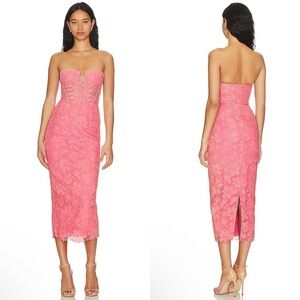 Sau Lee Renee Strapless Sequined Lace Midi Dress In Coral Pink